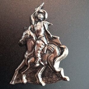 Vintage Vaquero Repousse Brooch Cowboy & Horse Silver Tone Made in Japan